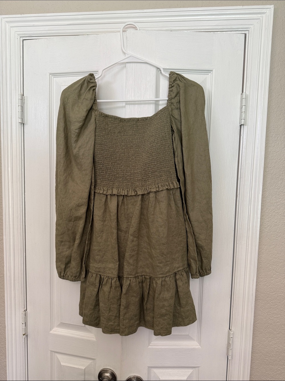 Quince Olive Green Smocked Mini Dress with Puff Sleeves